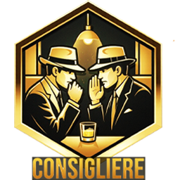 Consigliere — gold-framed hex with two figures conferring at a table