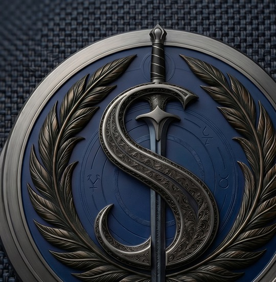 Sanders Legal Solutions sigil — gunmetal medallion with stylized S, sword, crescent moon, laurel wreath